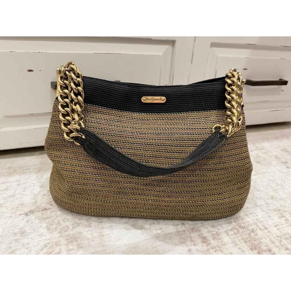 Eric Javits Black Gold Squishee Shoulder Bag Stripe Chain Strap Tote Handbag
